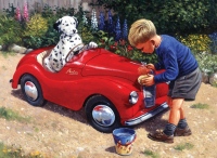Malování podle čísel- Dalmatin v červeném autě